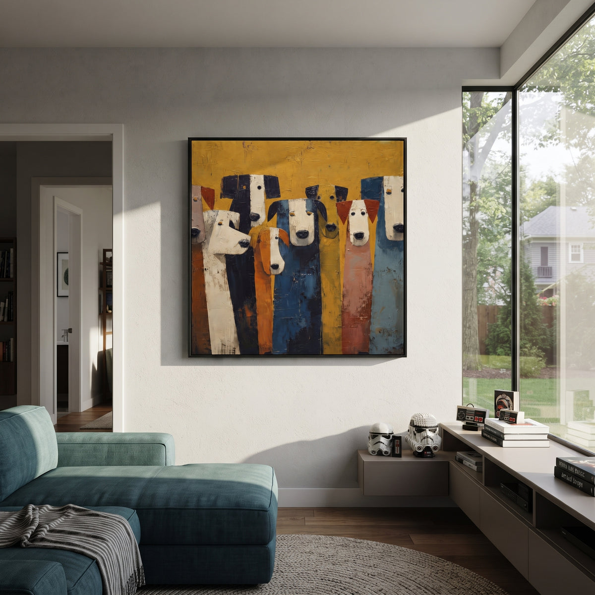 Many Hounds Wait Together artwork styled as a warm interior focal point