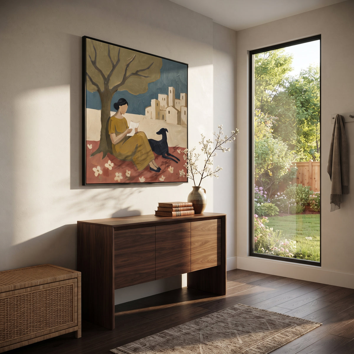 Reading Beneath Bare Branches people and pets wall art in a contemporary room