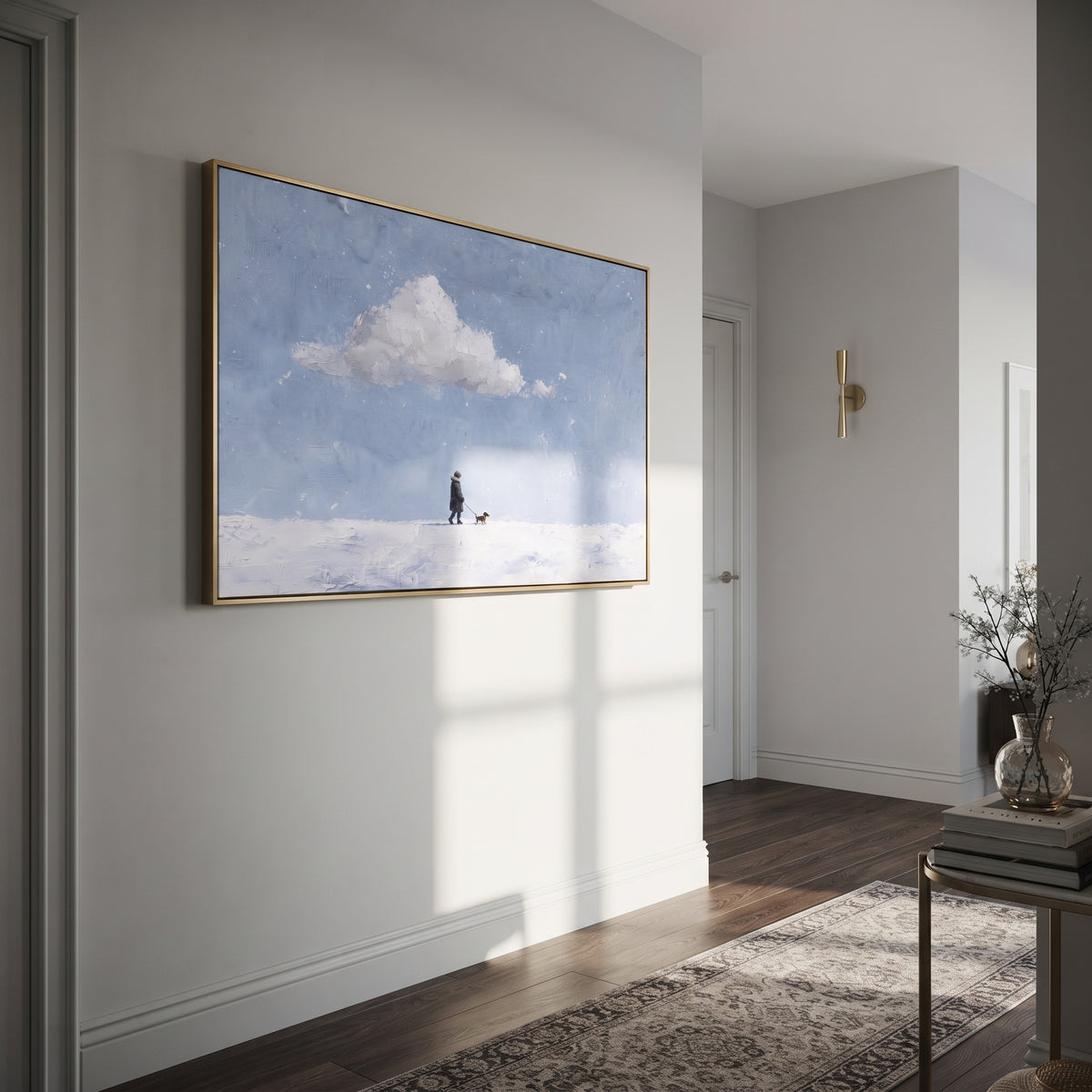 Small Steps Across Snow painting displayed above modern furnishings