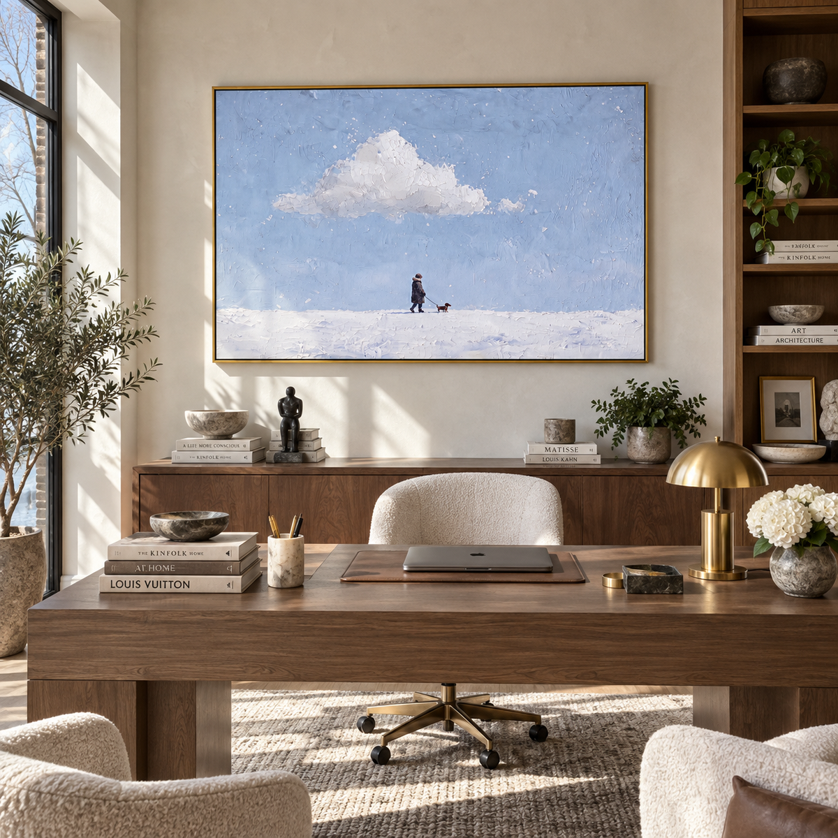 Small Steps Across Snow artwork styled as a warm interior focal point