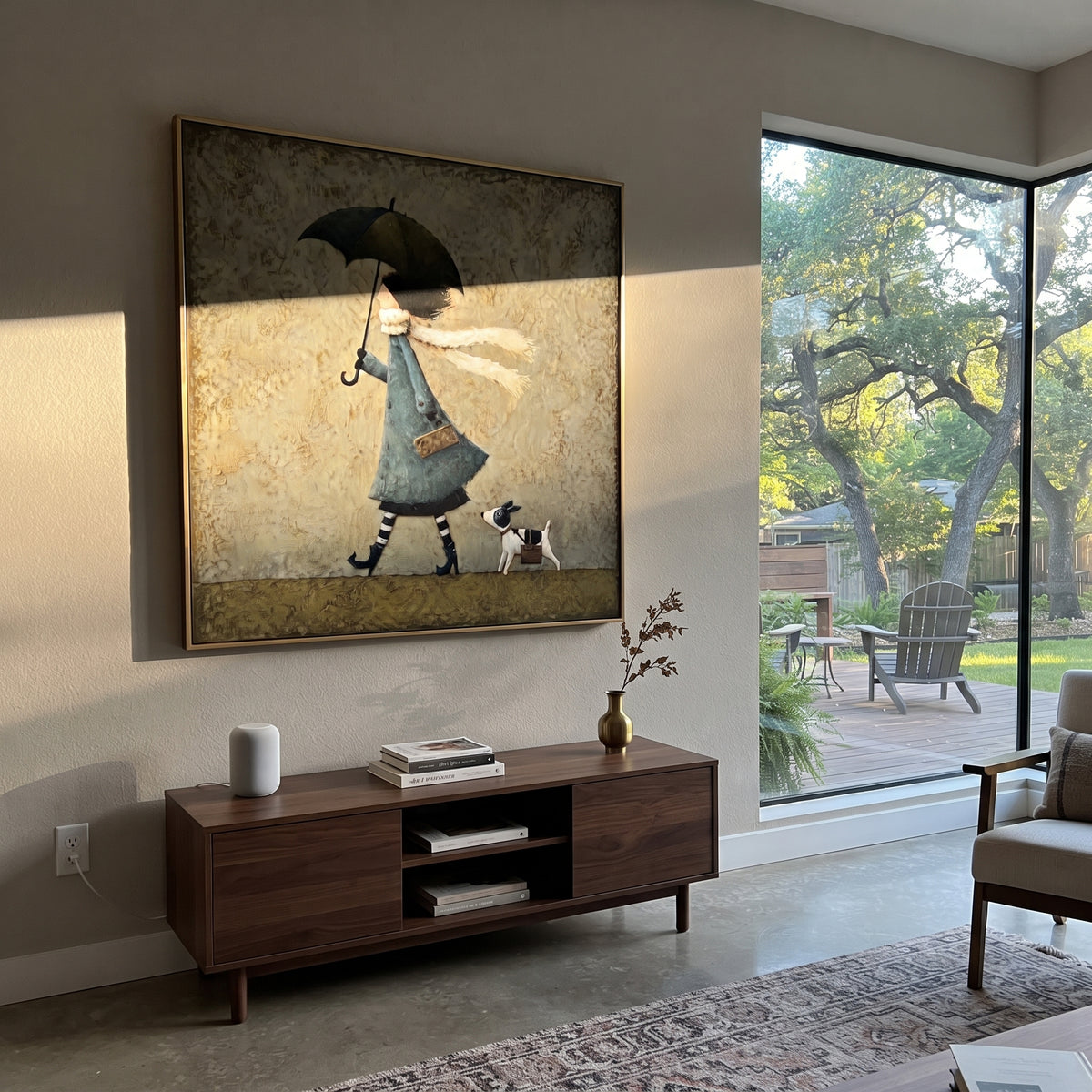 Wind Carries Their Scarves woman walking dog painting displayed in a styled interior
