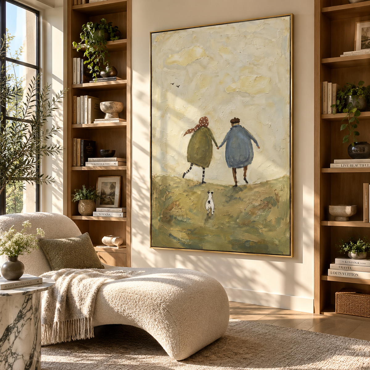 Hilltop Walk for Three couple walking dog painting displayed in a styled interior