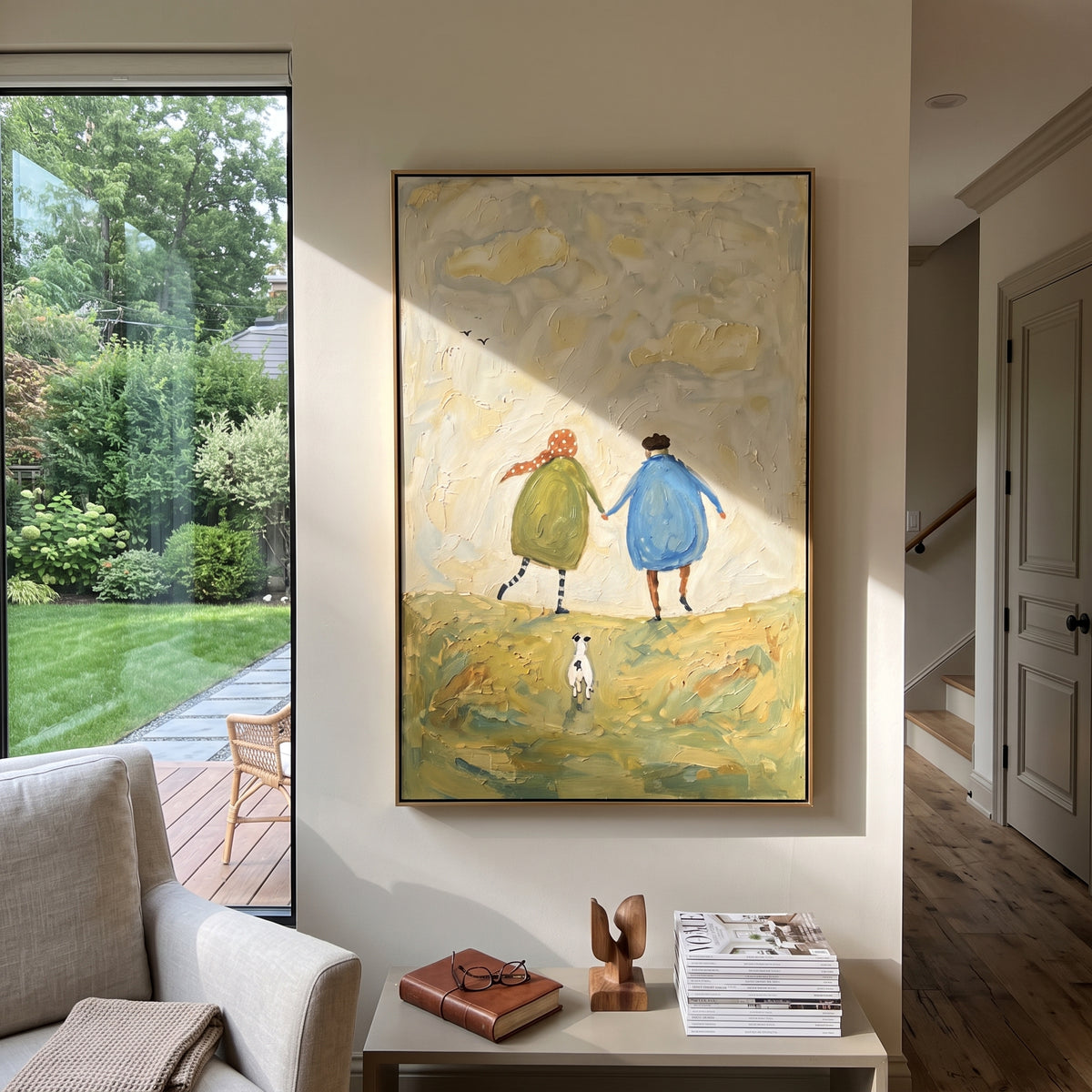 Hilltop Walk for Three painting displayed above modern furnishings