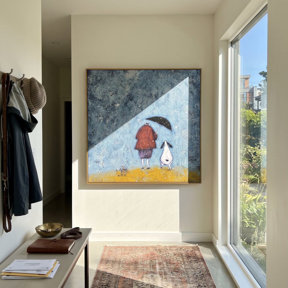 Rain Finds Two Friends rainy friends dog painting displayed in a styled interior