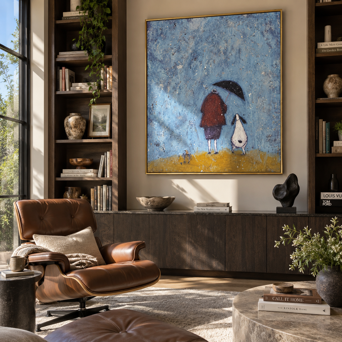 Rain Finds Two Friends people and pets wall art in a contemporary room