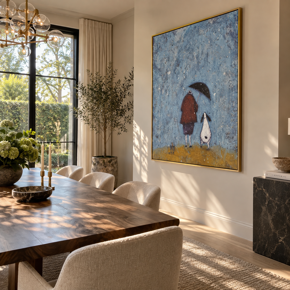 Rain Finds Two Friends painting displayed above modern furnishings