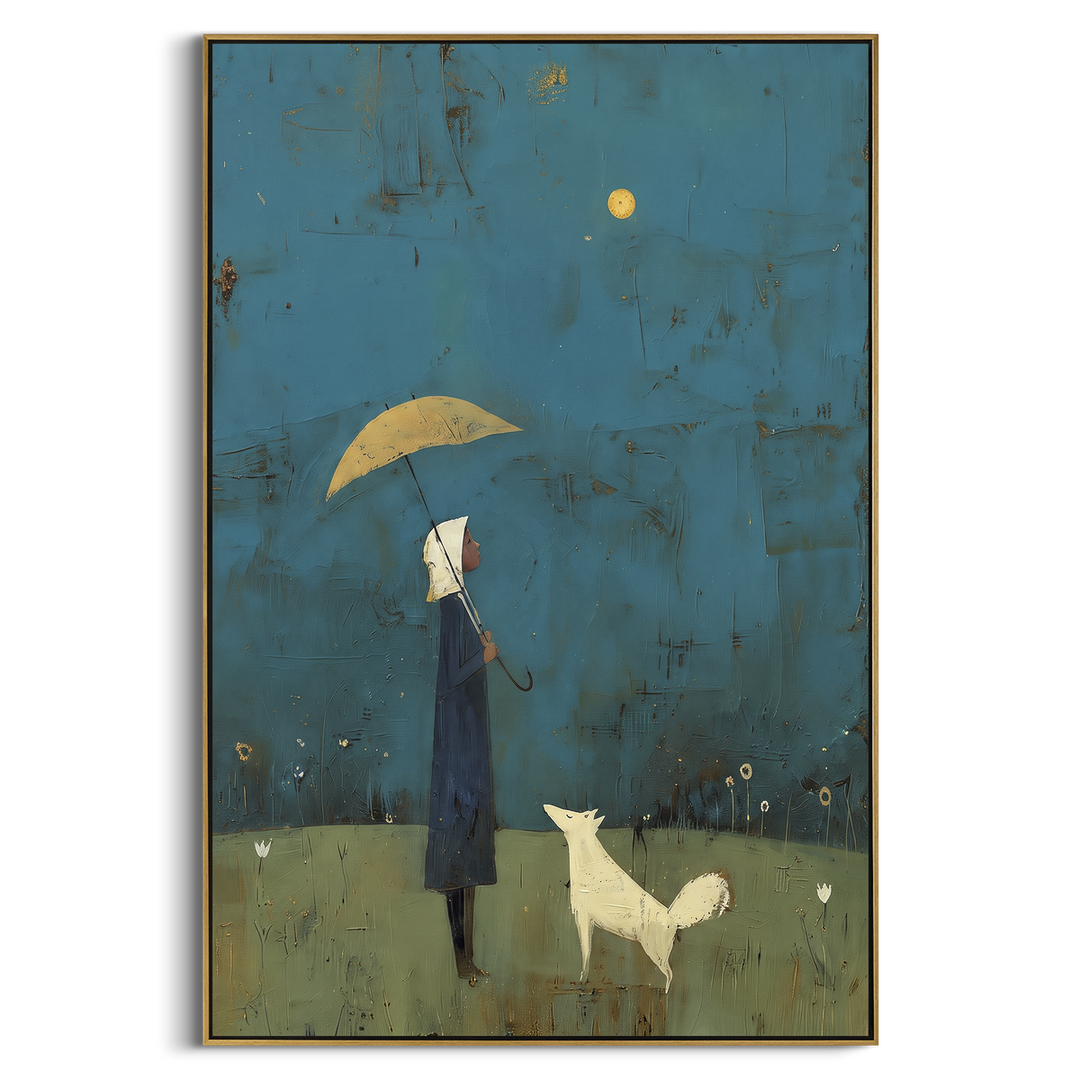 Moonlit Umbrella White Hound vertical painting in a wood frame on a white background