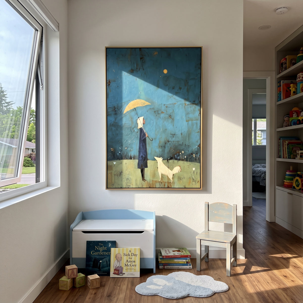 Moonlit Umbrella White Hound painting displayed above modern furnishings