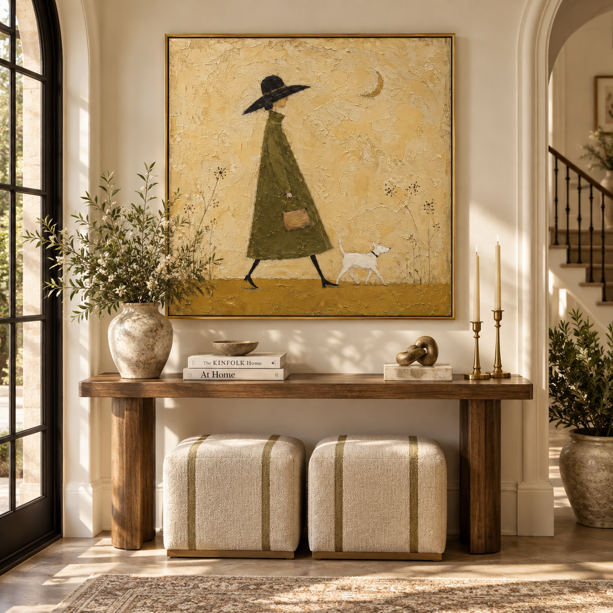 Green Dress Small Companion painting displayed above modern furnishings