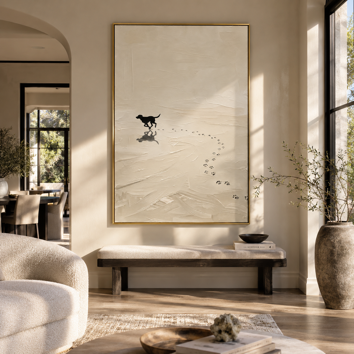 Black Dog Finds Snow black dog snow painting displayed in a styled interior