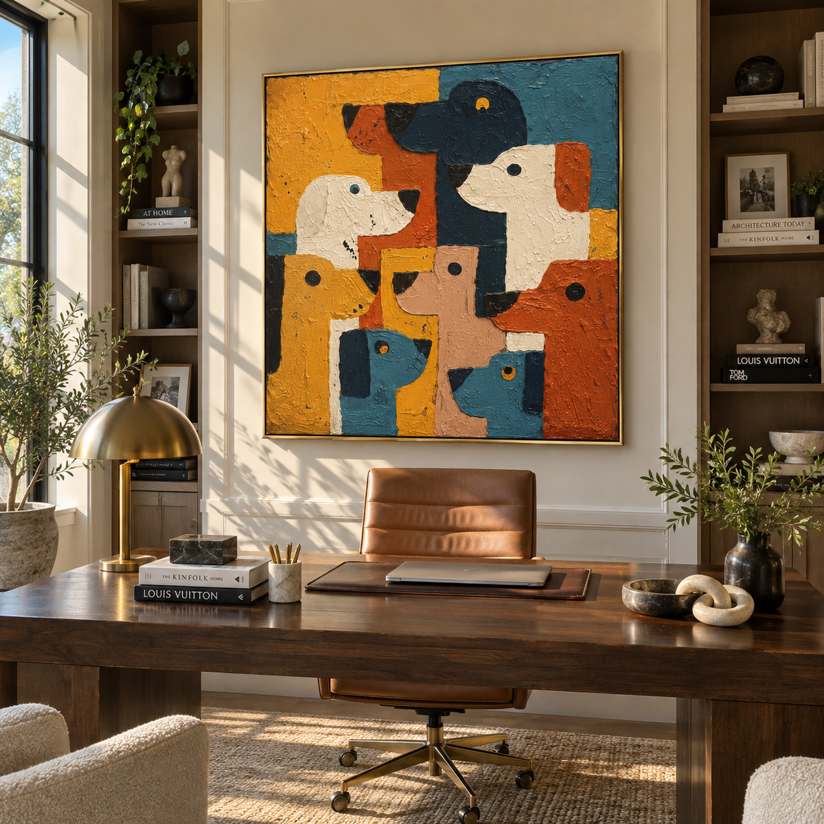 Patchwork Hounds Gather Close artwork styled as a warm interior focal point