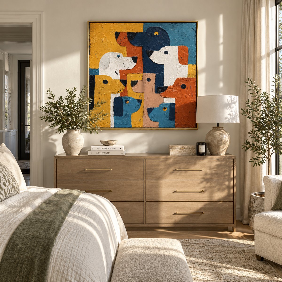Patchwork Hounds Gather Close displayed with natural materials and quiet decor