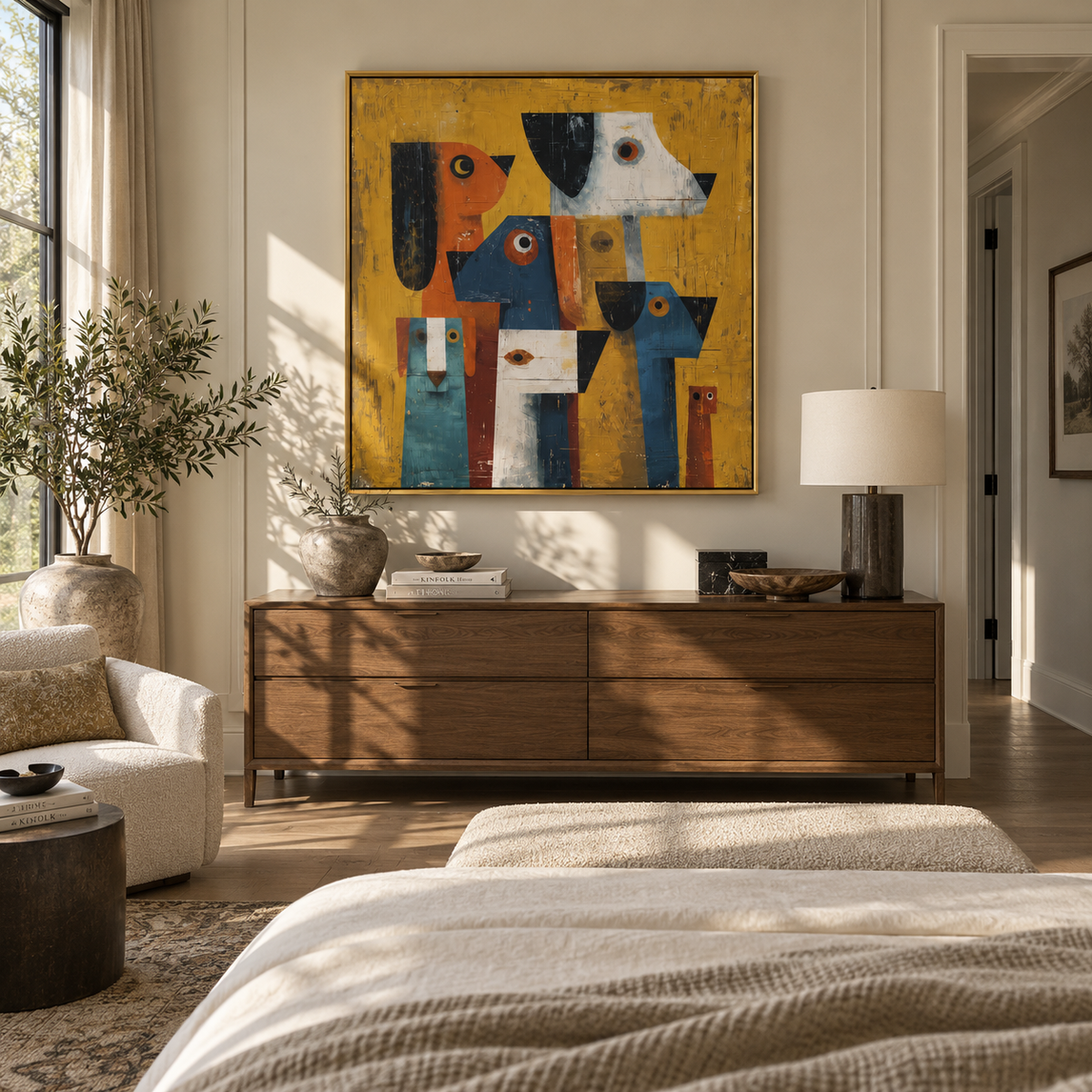 Bright Faces Stand Together people and pets wall art in a contemporary room