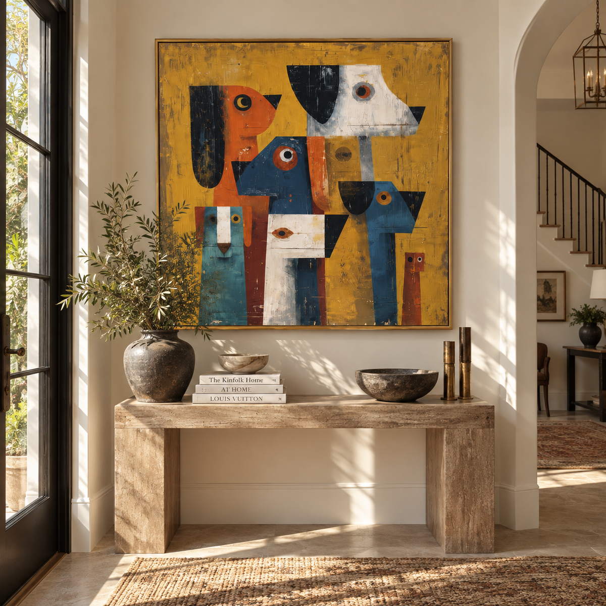 Bright Faces Stand Together painting displayed above modern furnishings