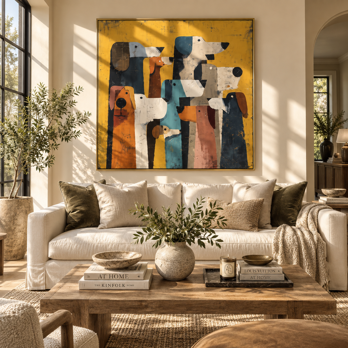 Long Hounds Face Forward color block dog painting displayed in a styled interior