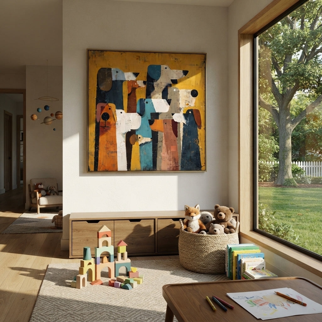 Long Hounds Face Forward people and pets wall art in a contemporary room
