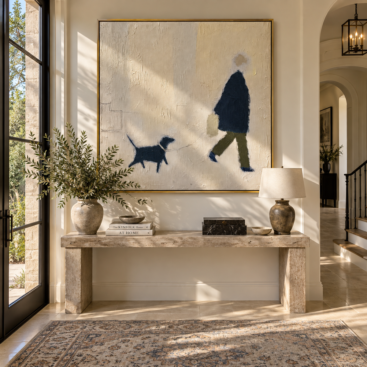 Blue Coat Keeps Moving man walking dog painting displayed in a styled interior