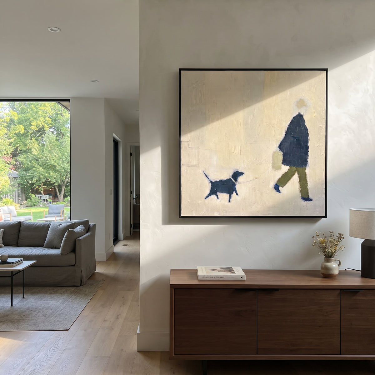 Blue Coat Keeps Moving people and pets wall art in a contemporary room