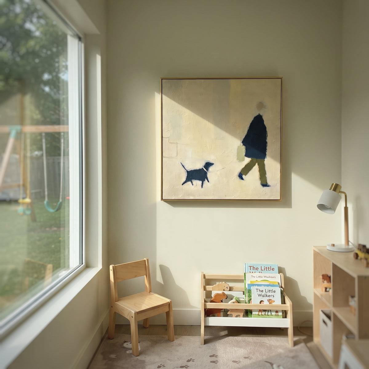 Blue Coat Keeps Moving painting displayed above modern furnishings