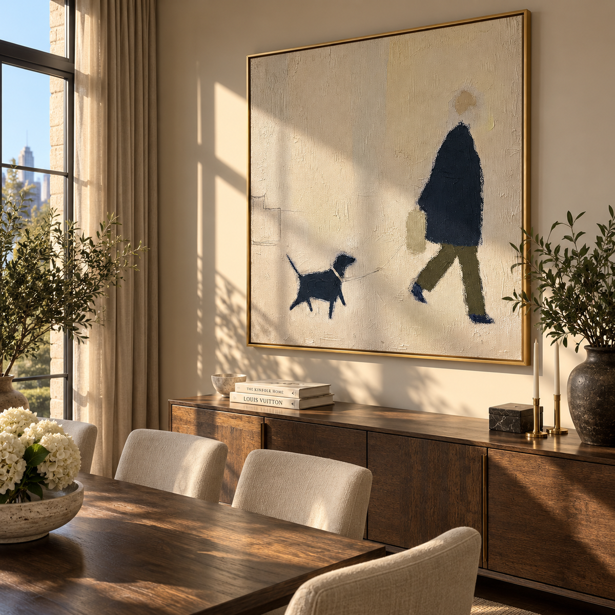 Blue Coat Keeps Moving artwork styled as a warm interior focal point