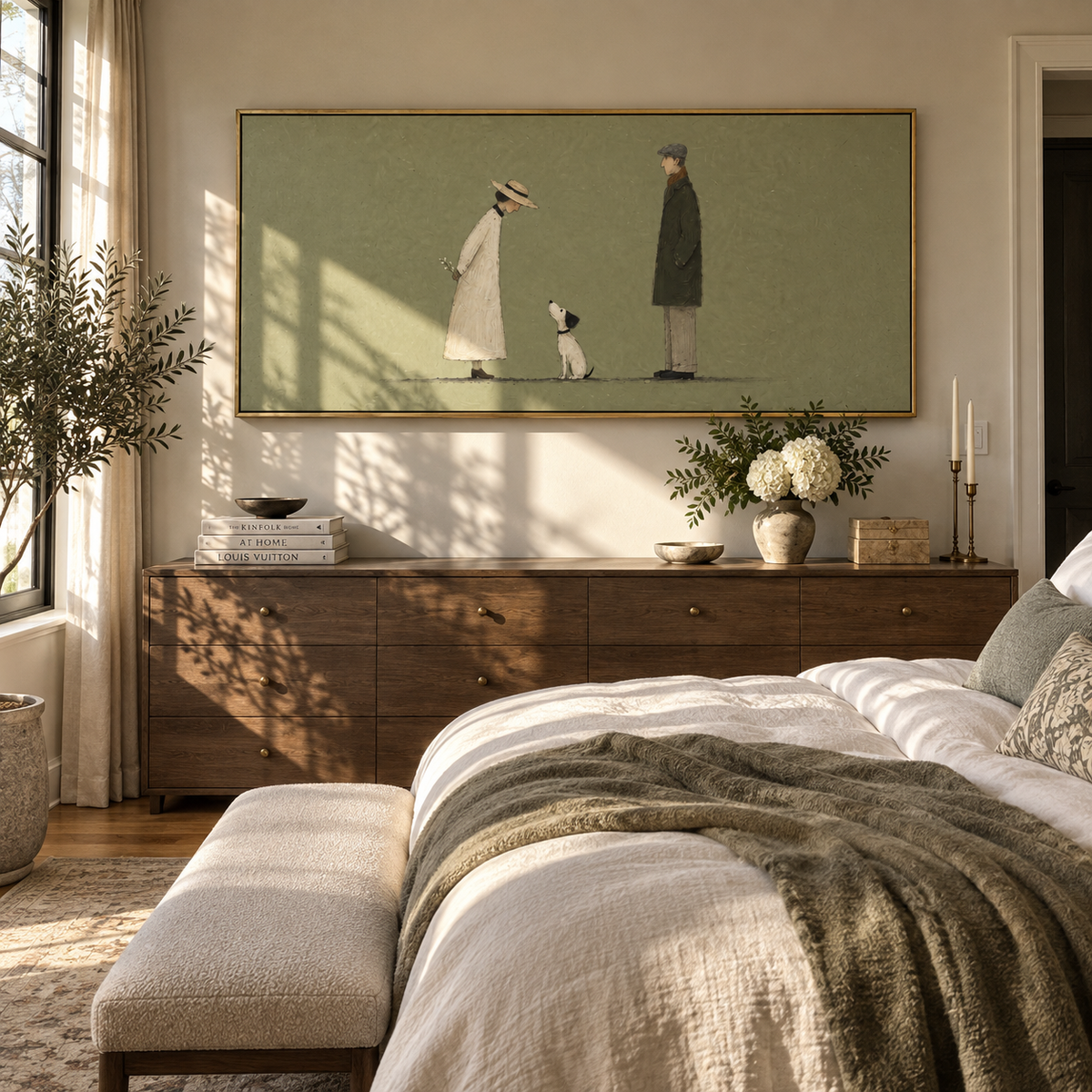 Two Strangers Share Distance painting displayed above modern furnishings