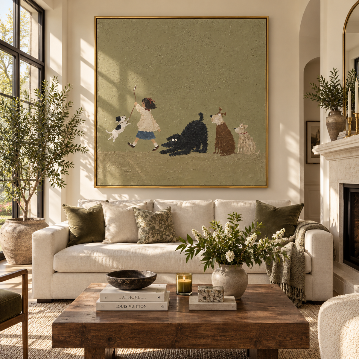 Cats Gather Around Play child playing with cats painting displayed in a styled interior