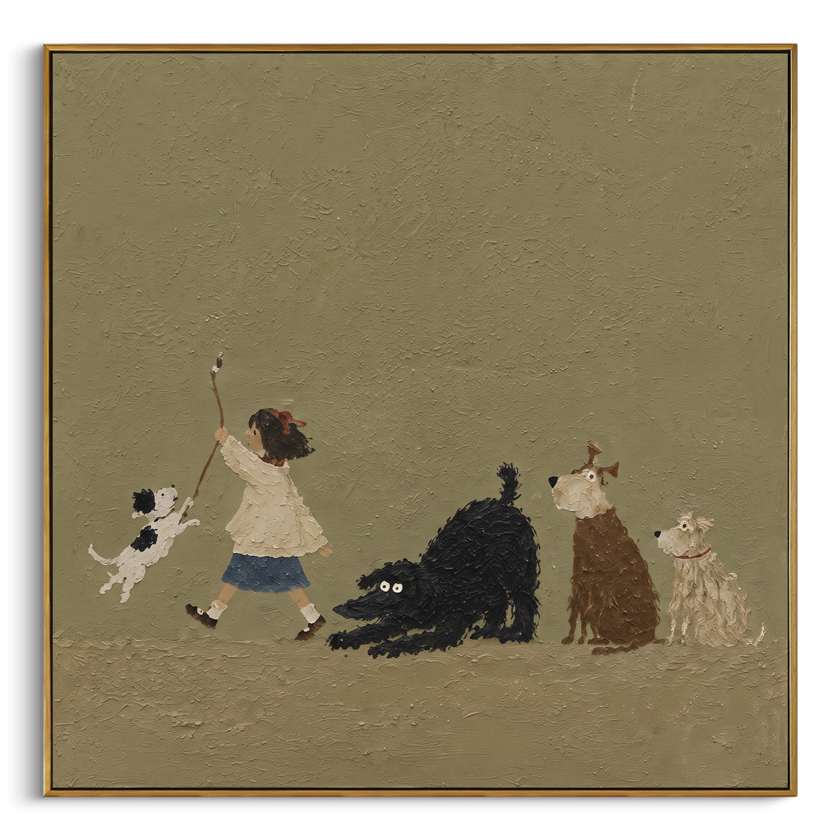 Cats Gather Around Play square painting in a wood frame on a white background