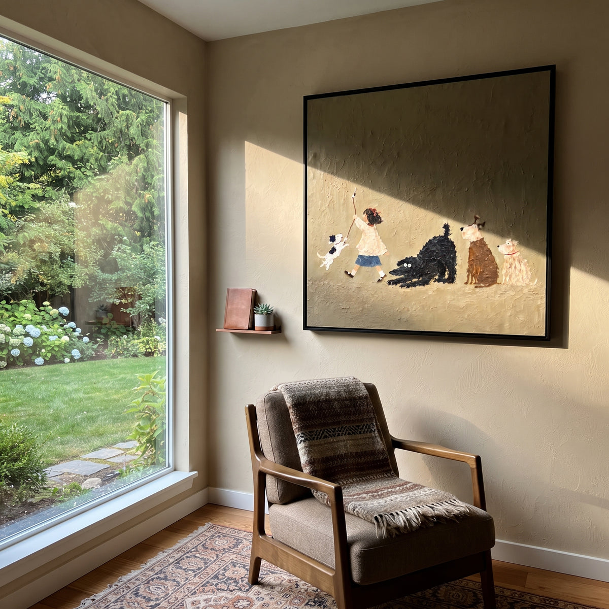 Cats Gather Around Play artwork styled as a warm interior focal point