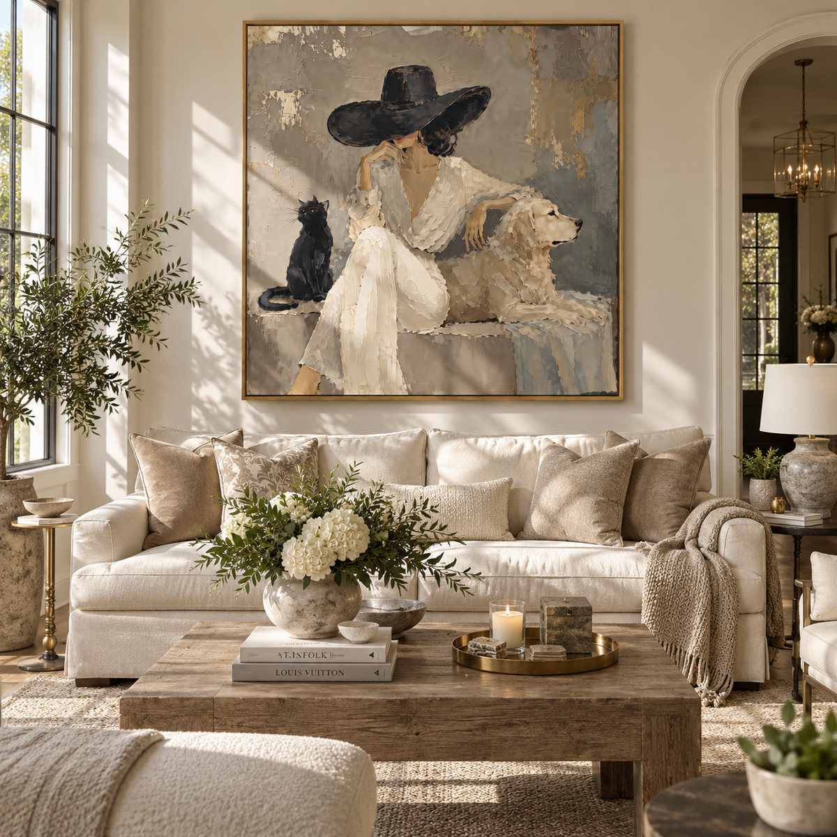 Wide Brim Loyal Pair fashion woman with dogs painting displayed in a styled interior