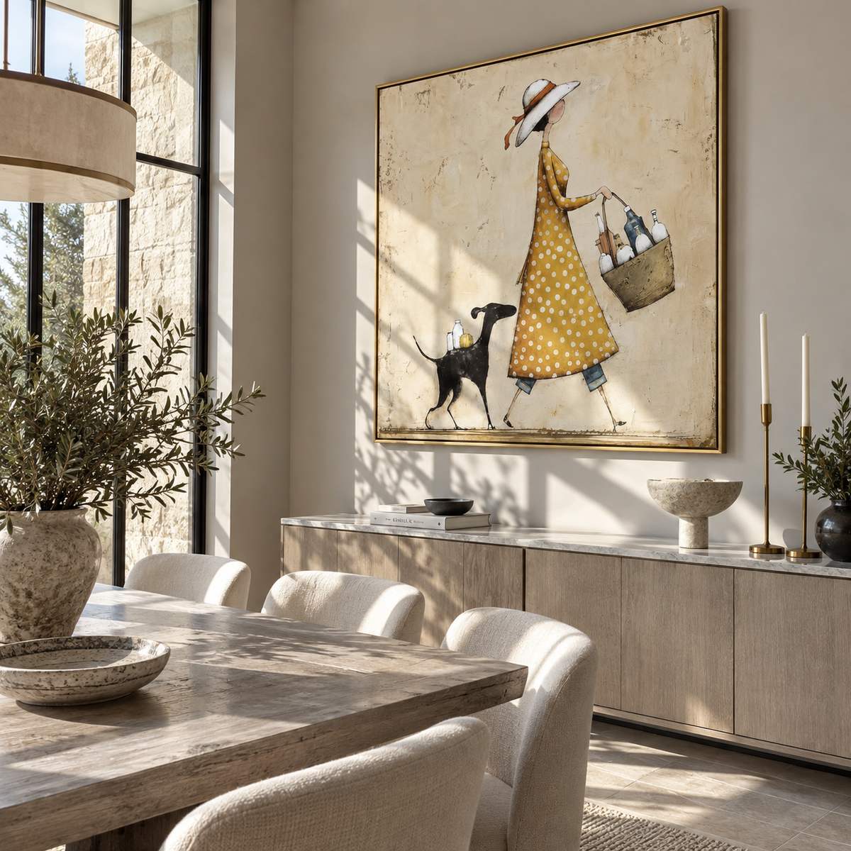 Market Walk with Hound woman walking dog painting displayed in a styled interior
