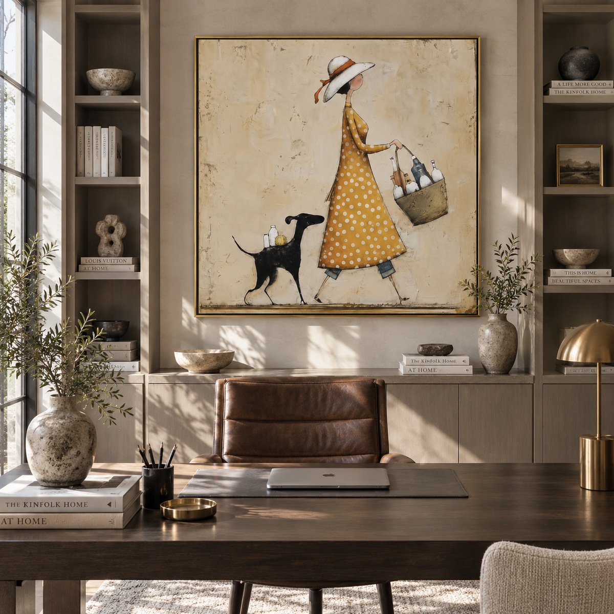 Market Walk with Hound people and pets wall art in a contemporary room
