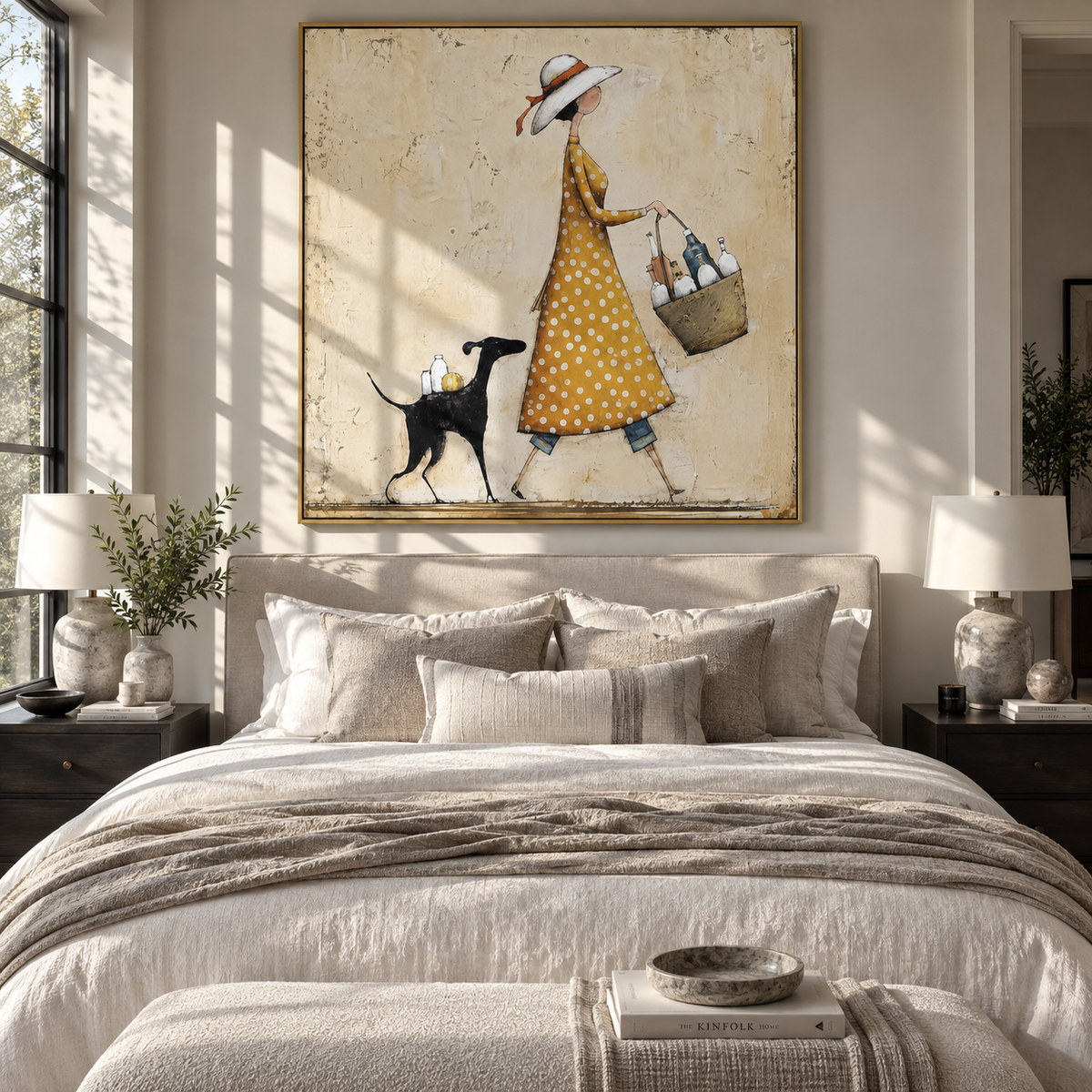 Market Walk with Hound painting displayed above modern furnishings