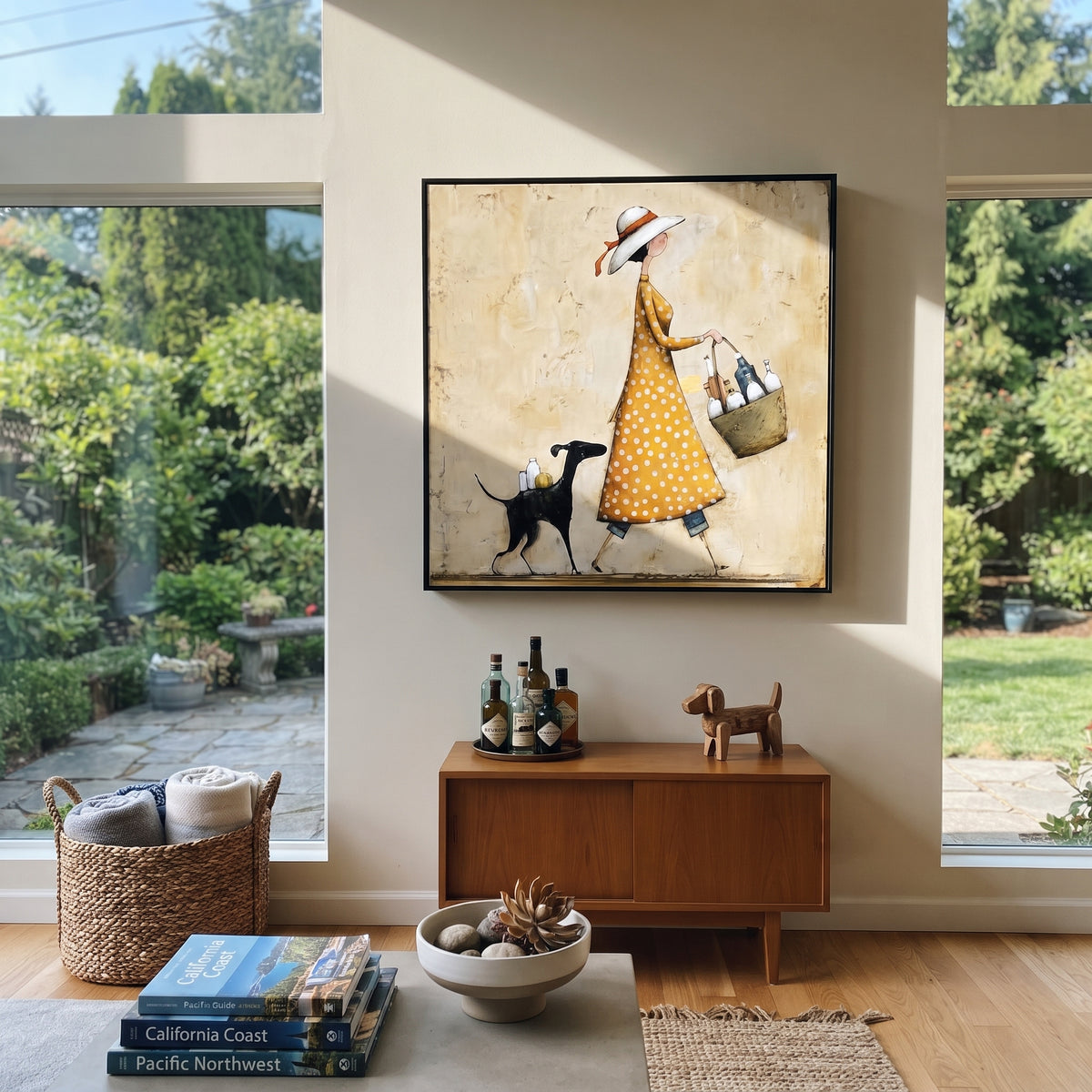 Market Walk with Hound artwork styled as a warm interior focal point