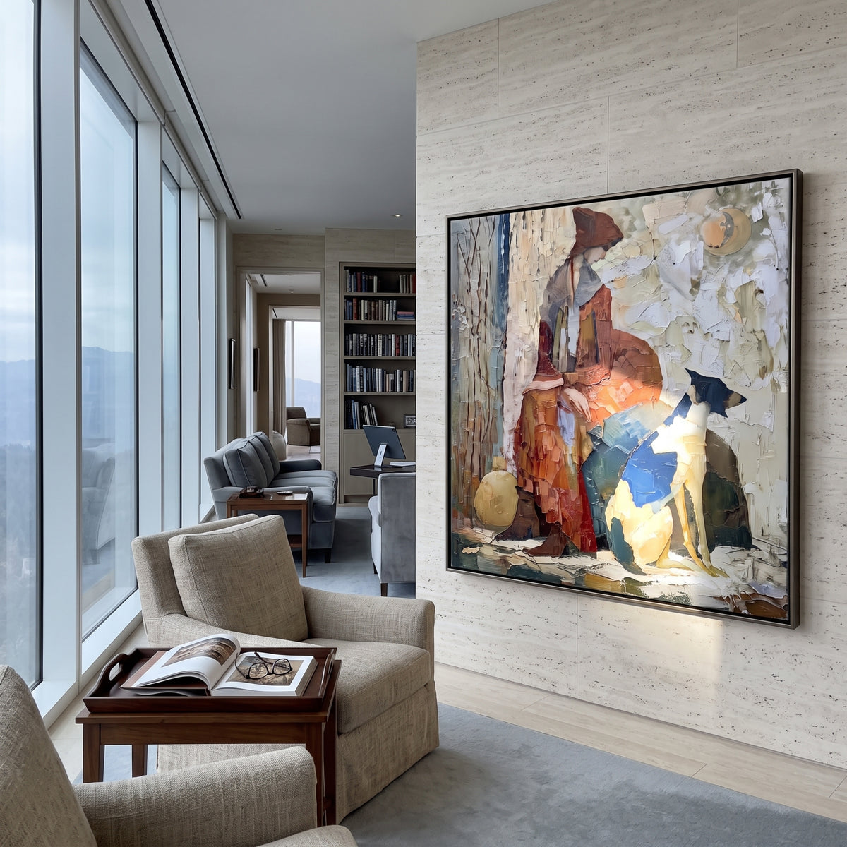 Brick Wall Shared Rest woman resting with dog painting displayed in a styled interior
