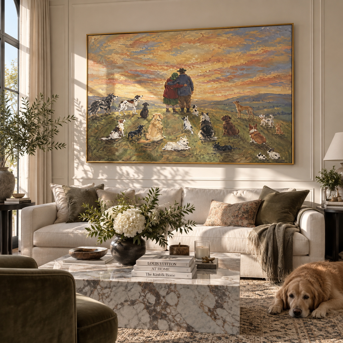 Sunset Gathering of Hounds painting displayed above modern furnishings