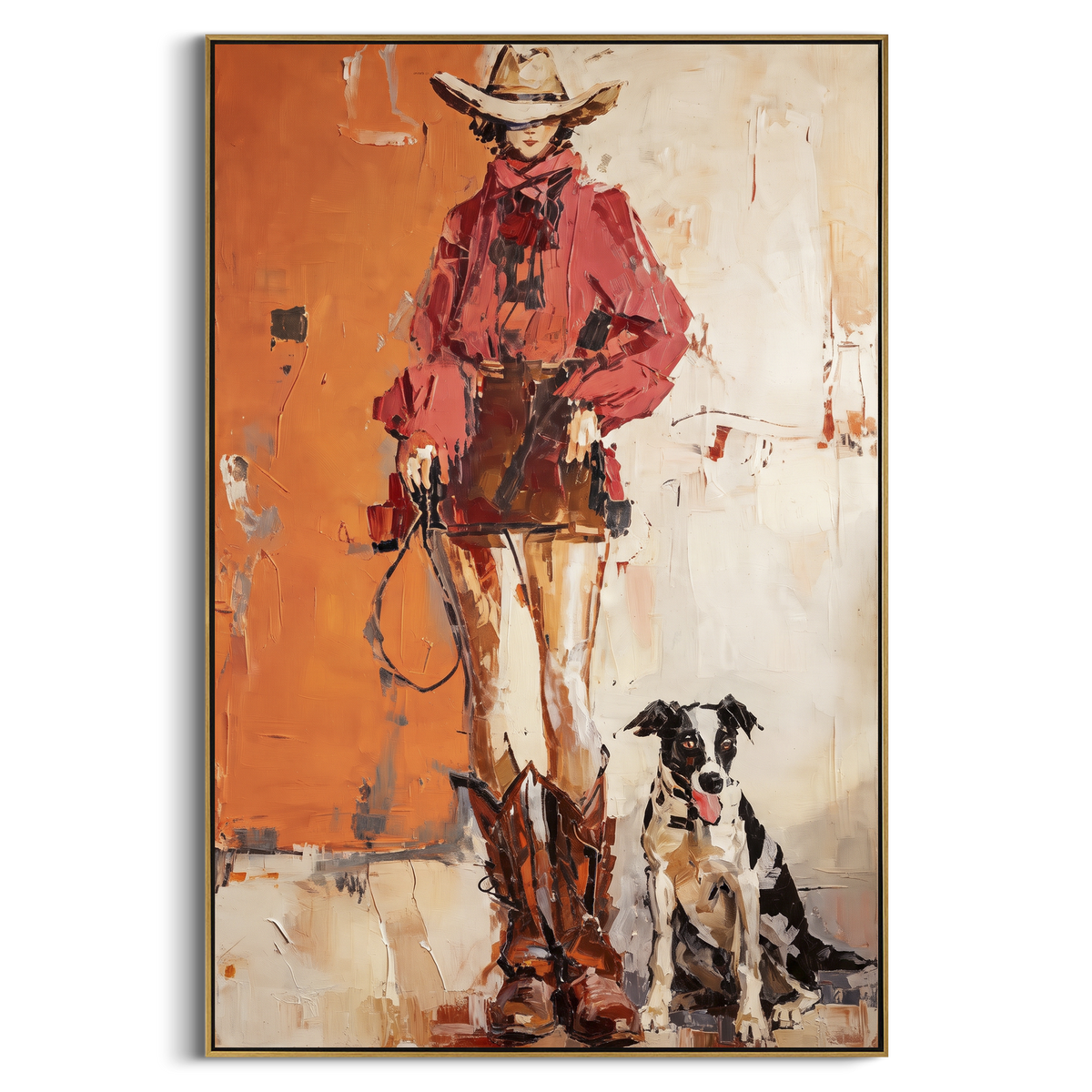 Red Cowboy Keeps Watch vertical painting in a wood frame on a white background