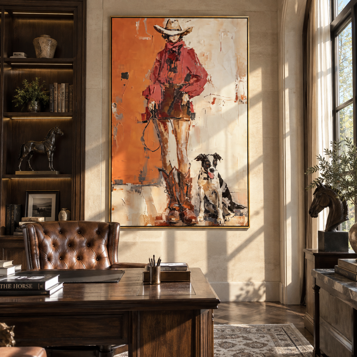 Red Cowboy Keeps Watch people and pets wall art in a contemporary room