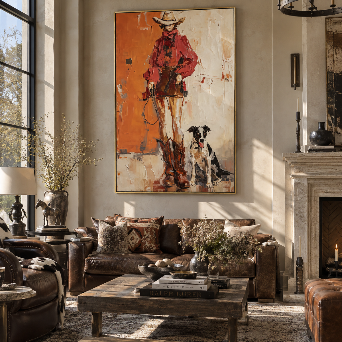 Red Cowboy Keeps Watch painting displayed above modern furnishings