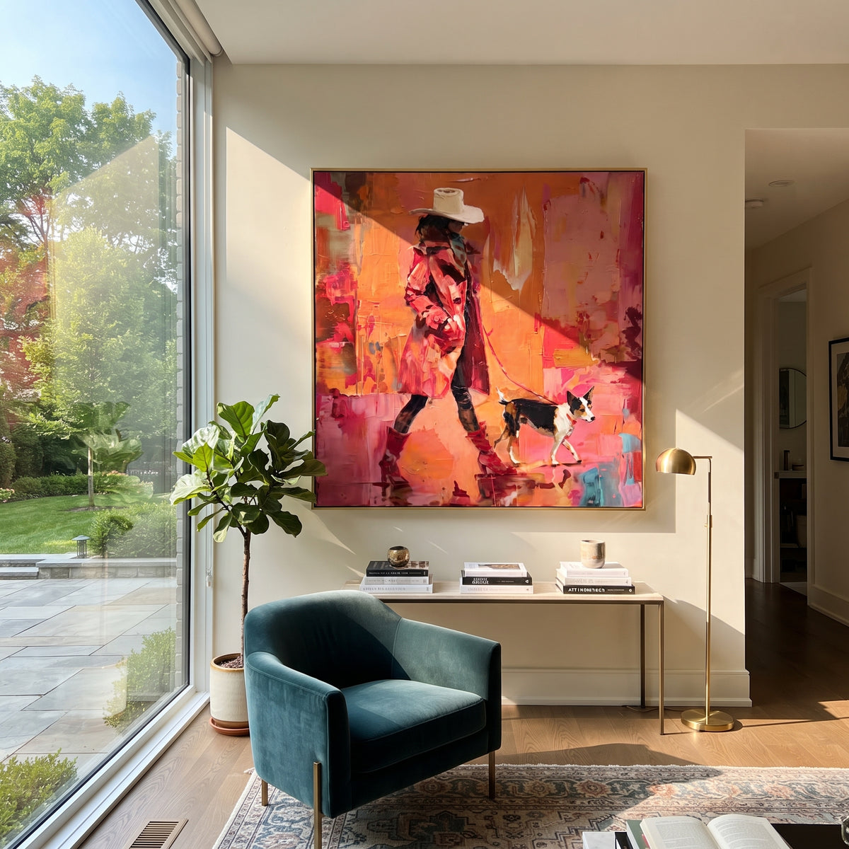 Coral Walk Small Hound cowgirl walking dog painting displayed in a styled interior