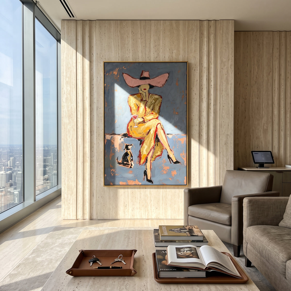 Blue Evening Quiet Company seated cowboy and dog painting displayed in a styled interior