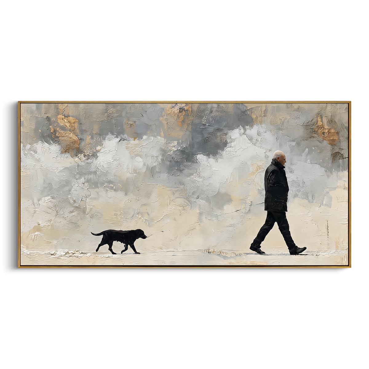 Snow Walk in Silence wide panoramic painting in a wood frame on a white background