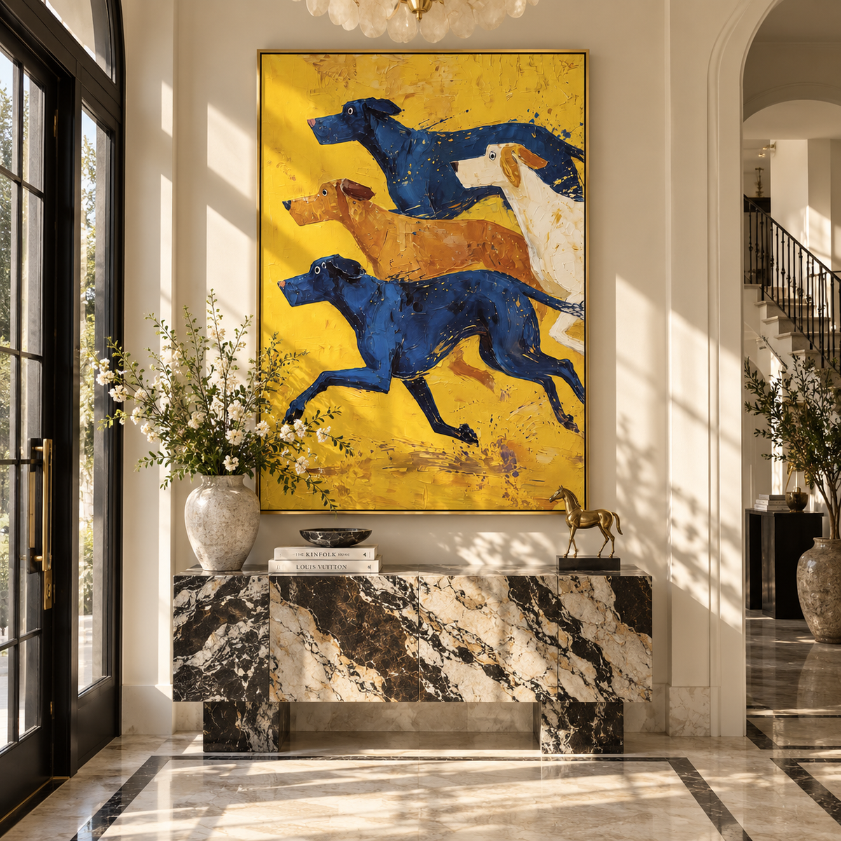 Yellow Field Racing Hounds racing hounds painting displayed in a styled interior