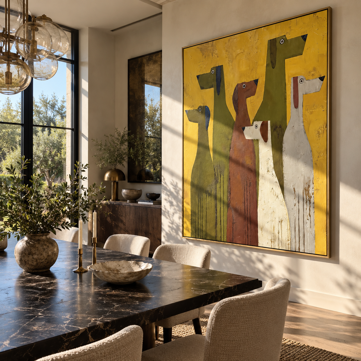 Tall Hounds Hold Color painting displayed above modern furnishings
