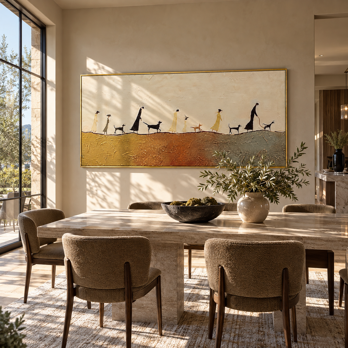 Long Procession Across Earth painting displayed above modern furnishings