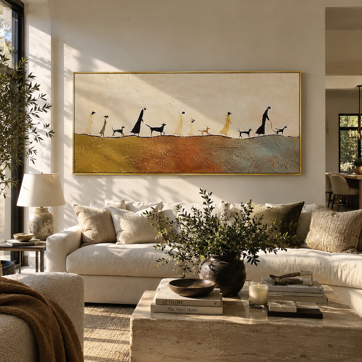 Long Procession Across Earth artwork styled as a warm interior focal point