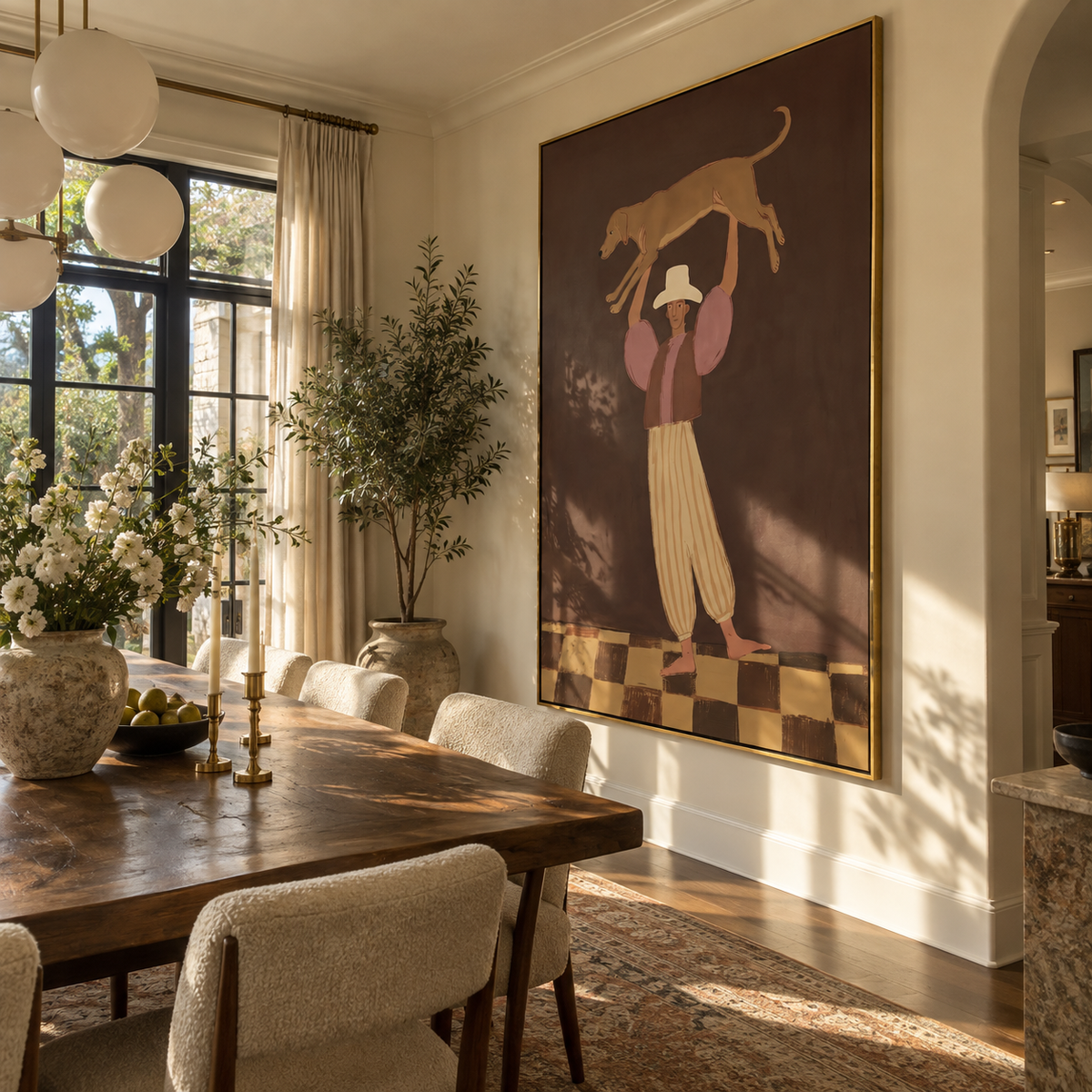 Big Cat Above Courage woman lifting cat painting displayed in a styled interior