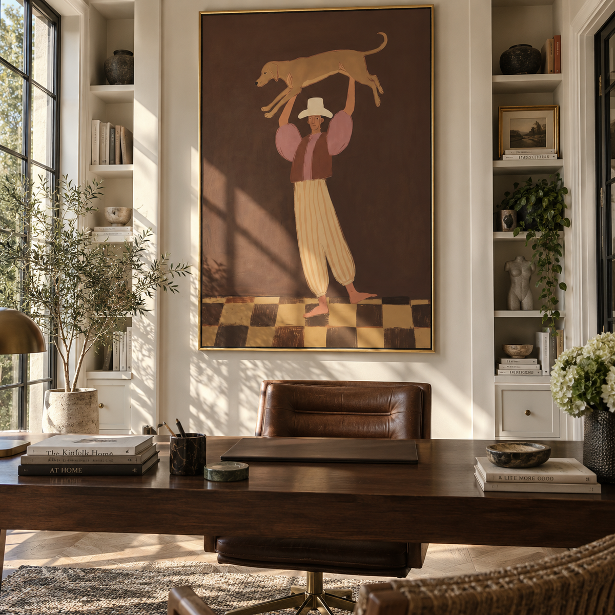 Big Cat Above Courage painting displayed above modern furnishings