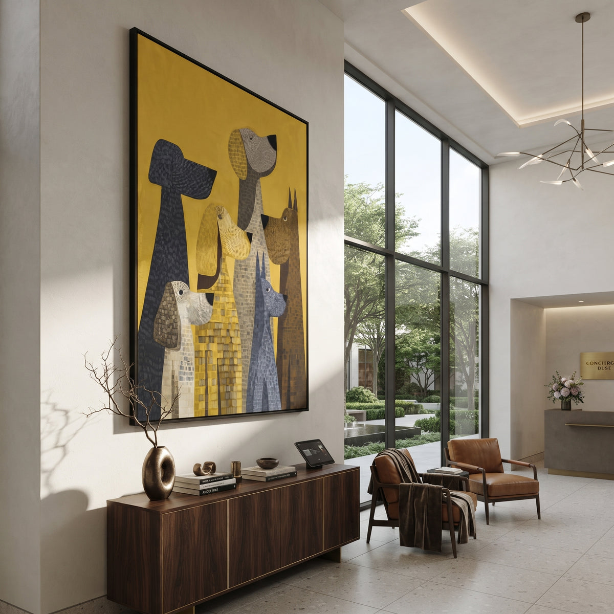 Yellow Gathering of Hounds colorful dog family painting displayed in a styled interior