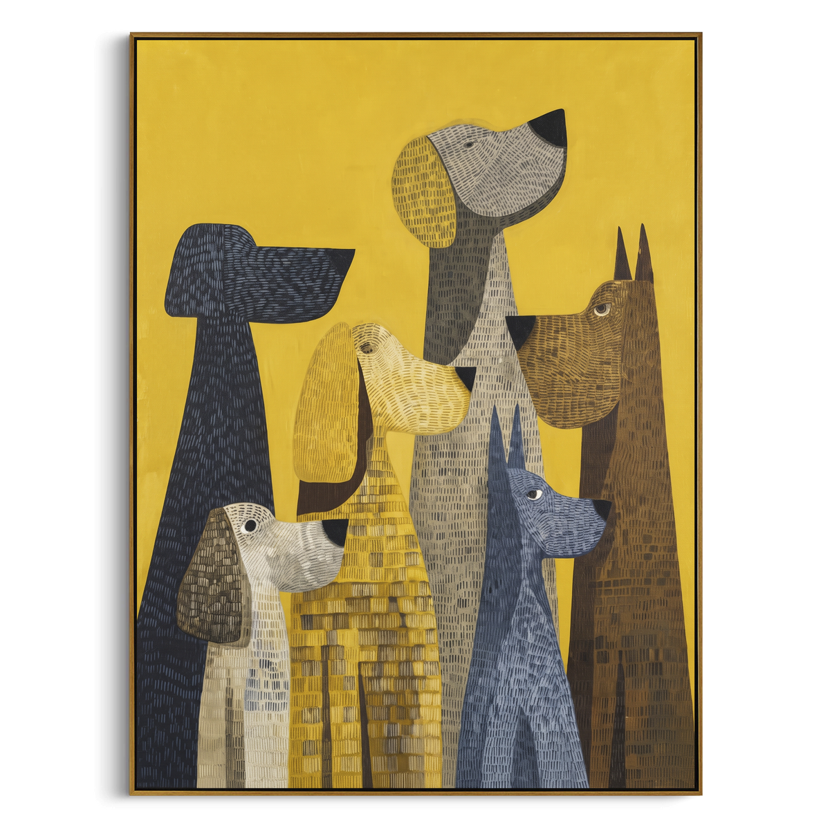 Yellow Gathering of Hounds vertical painting in a wood frame on a white background