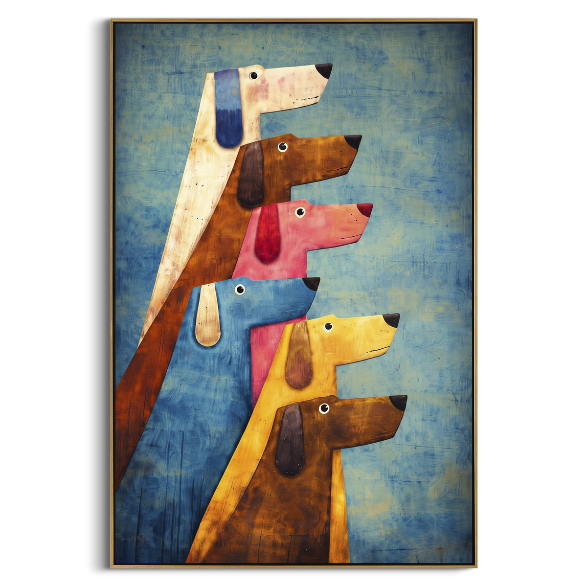 Colorful Hounds Look Ahead vertical painting in a wood frame on a white background